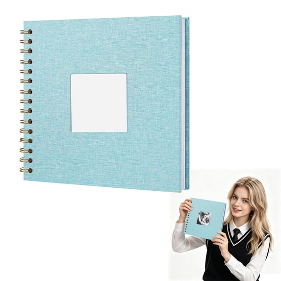 8 Inch Linen Photo Album with Front Window - DIY Blank Scrapbook Memory Book for Family Wedding Travel - Light Blue Cloth Hardcover Album