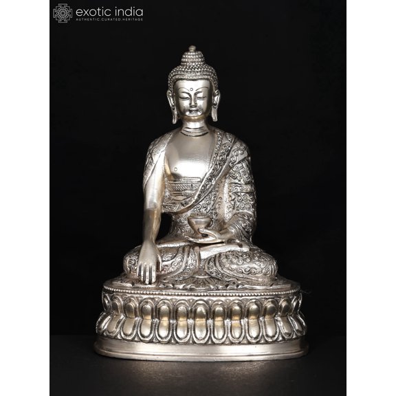 8 Inch Lord Buddha Seated in Earth-Touching Gesture Silver-Plated Brass Statue - Awakening Moment
