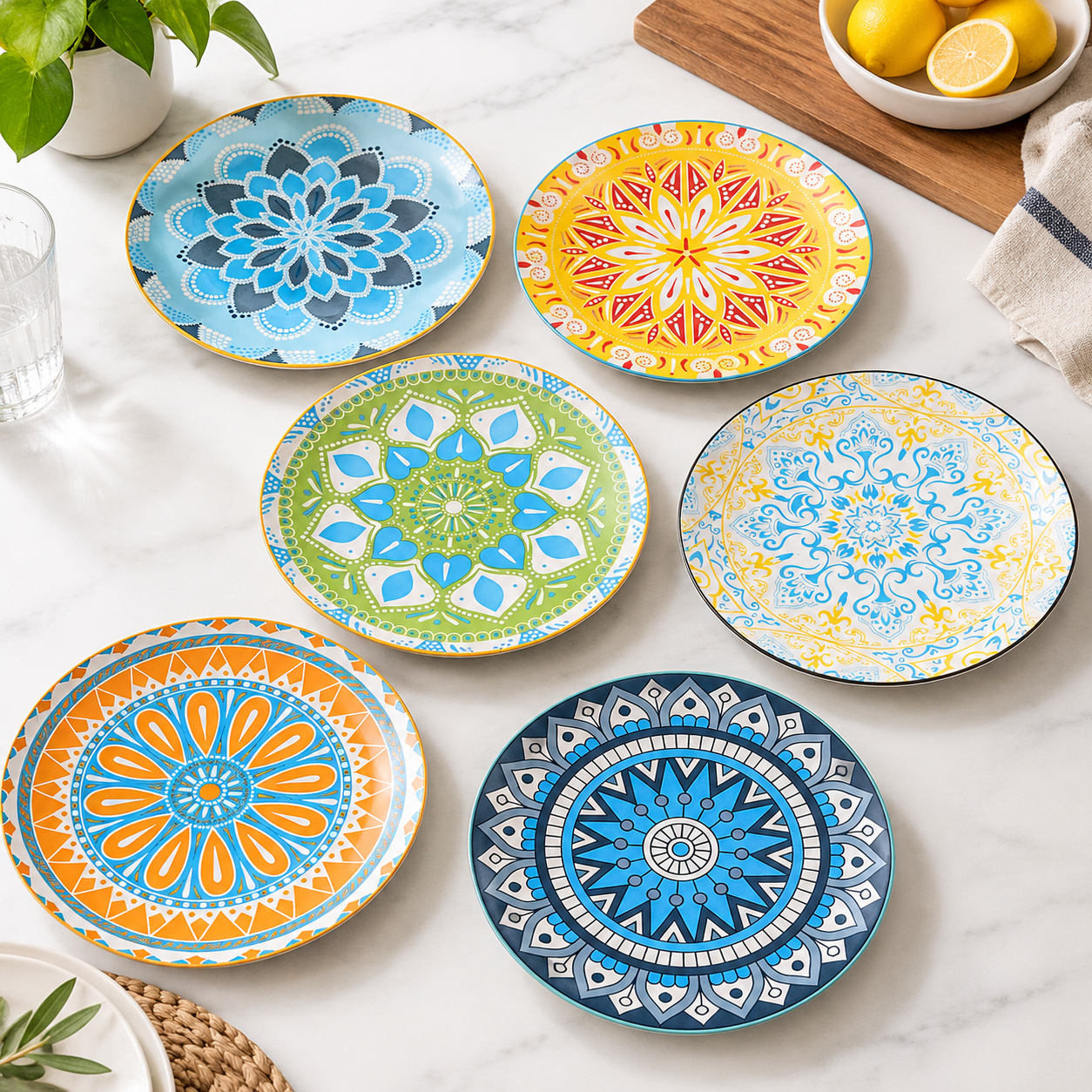8 Inch Mandala Ceramic Dinner Plates Set, Vibrant Mix-and-Match Colors ...
