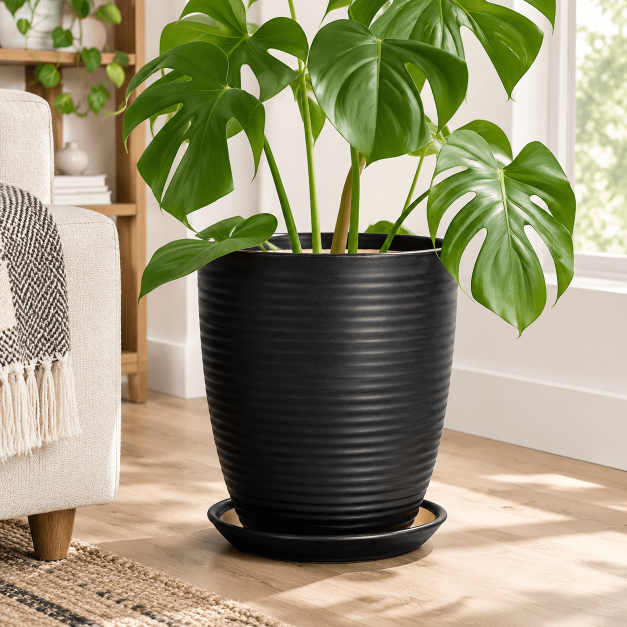 8 Inch Matte Black Ceramic Plant Pot with Drainage Hole and Saucer for ...