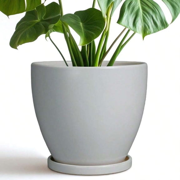8 Inch Matte Gray Ceramic Planter With Drainage Hole And Saucer, Modern Indoor Plant Pot For Home Garden Decor