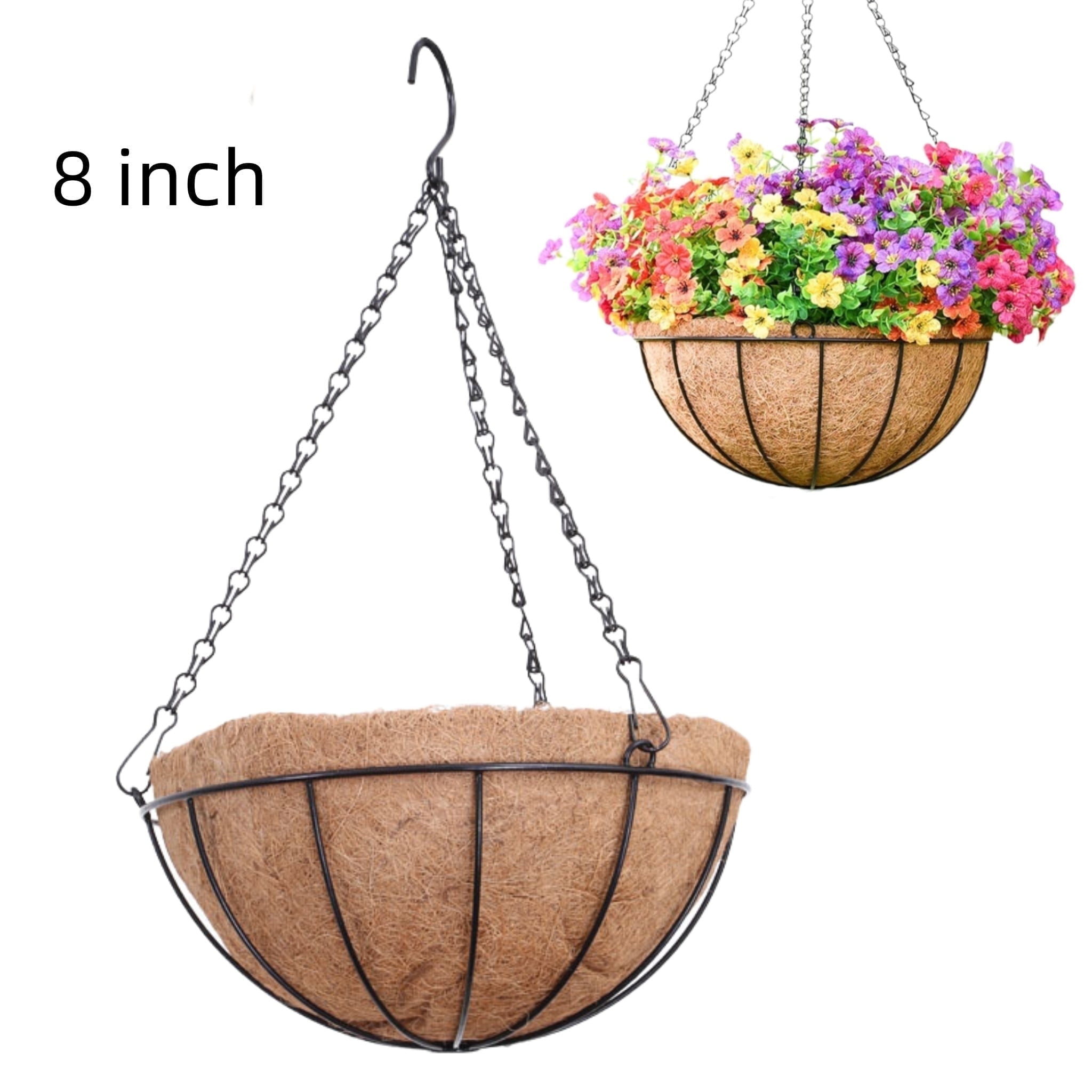 8 Inch Metal Hanging Basket with Coconut Liner,Rust-Resistant Wire Planter Flower Pot Holder for Indoor Outdoor Plants, Garden Balcony Patio Decoration