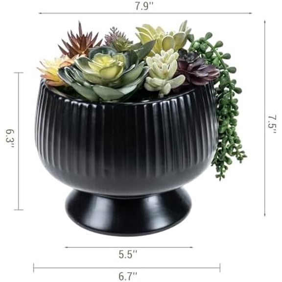 8 Inch Modern Green Artificial Succulent Arrangement Potted in Matte Black Fluted Ceramic Round Planter, Decorative Plant Pot with Assorted Faux Mini Succulents