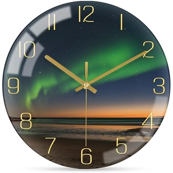 8 Inch Modern Wall Clock, Aesthetic Black and Gold Decor Accessories, Unusual Silent Non Ticking Aurora Clocks for Living Room/Kitchen/Bedroom/Bathroom/Office (Glass)
