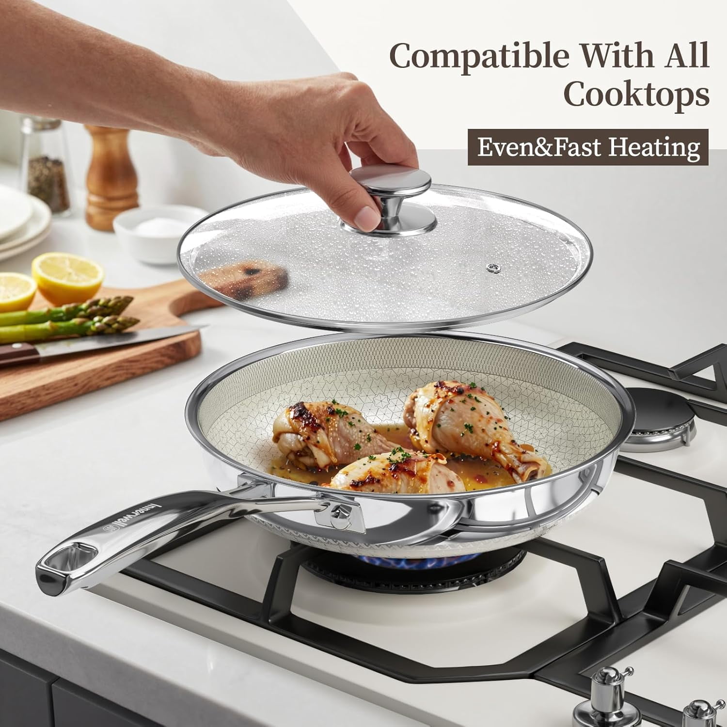 8 Inch Non Stick Frying Pan with Lid, Ceramic Hybrid Tri-Ply Stainless Steel Skillet for Induction