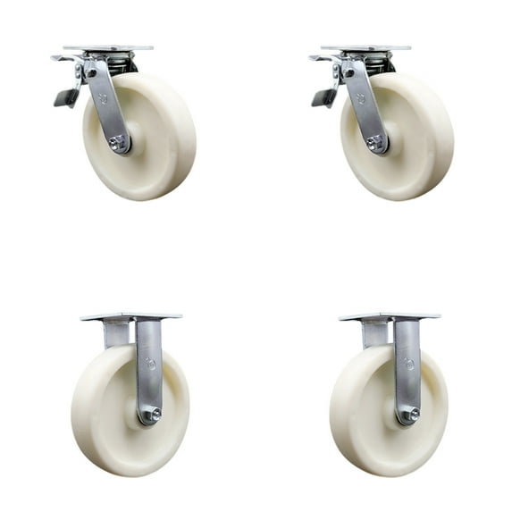8 Inch Nylon Caster Set with Ball Bearings 2 Brakes 2 Rigid Service Caster