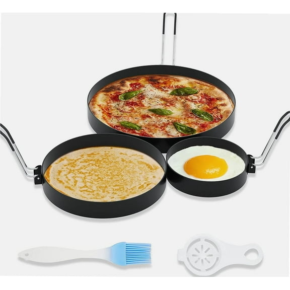 8 Inch Omelet Ring, 6 Inch Pancake Ring, 3.5 Inch Egg Ring for Griddle Frying Eggs (3 Pack Stainless Steel Non Stick Round Cooking Rings Molds with Oil Brush and Egg Separator)