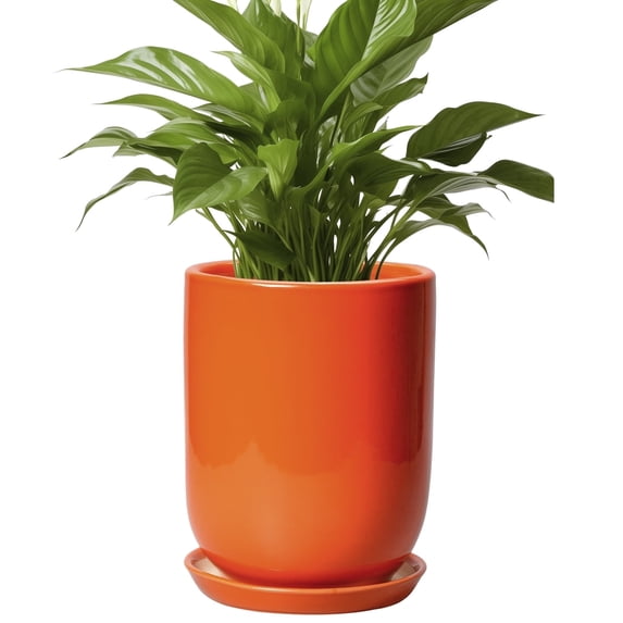 Ordivic 8 inch Glossy Orange Glazed Cylinder Ceramic Planter with Drainage Hole & Saucer, Warm Decor Round Flower Pot for Indoor & Outdoor Houseplants Patio Garden