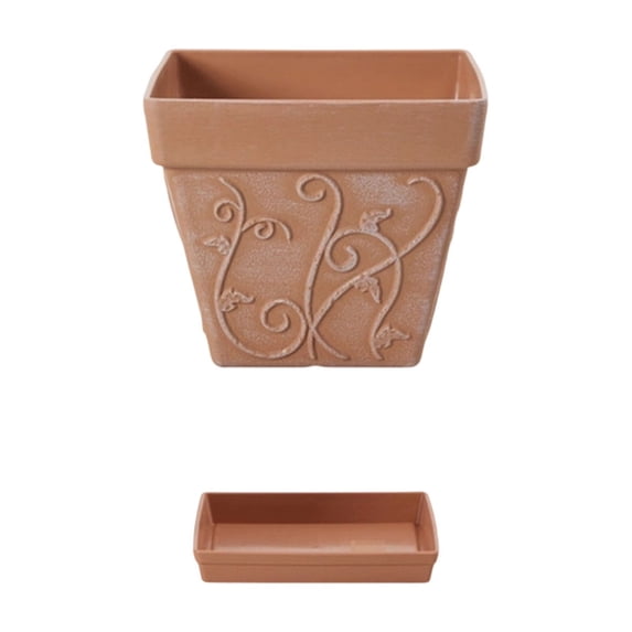 8 Inch Outdoor Planter, Faux-Ceramic, Durable Plastic Decorative Plant Pot with Base, Modern Style for Garden Patio & Porch (Brown)