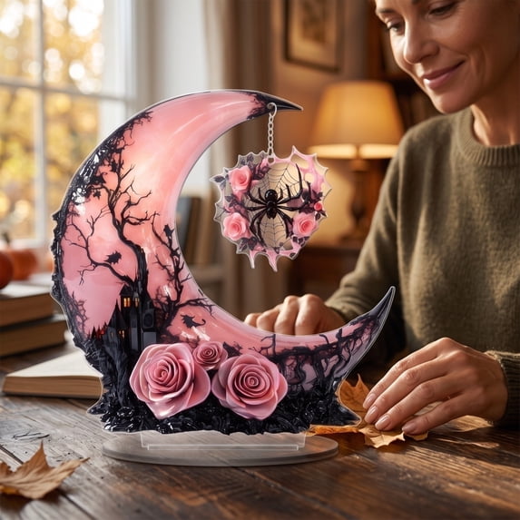 8 Inch Pink Moon and Bat Halloween Table Decor, Spooky Home Centerpiece Sign, 1 Set