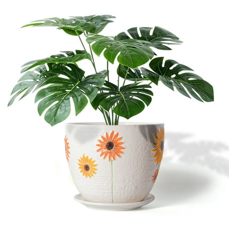 8 Inch Plant Pot, Sunflower Ceramic Planter with Drainage Holes and Saucers for Plants Indoor and Outdoor Flower Pot