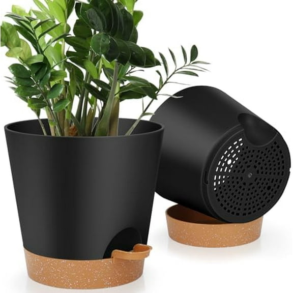 8-Inch Plant Pots, Self-Watering Planters with Drainage Holes & Saucers for Indoor and Outdoor Plants (2-Pack,Black)