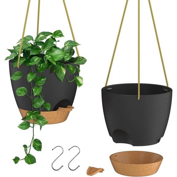 8 Inch Planters for Indoor Outdoor , 2 Pack Self Watering Pots with Drainage Holes and Removable , Plastic Flower Pots with Watering Lip (Black)