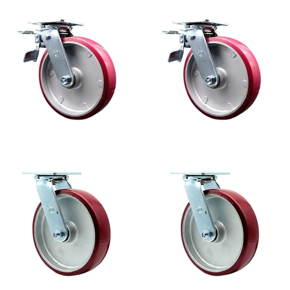 8 Inch Poly on Aluminum Caster Set with Ball Bearings 2 Brakes 2 Swivel Lock SCC