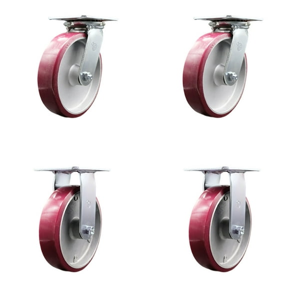 8 Inch Poly on Aluminum Caster Set with Ball Bearings 2 Swivel 2 Rigid SCC
