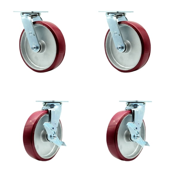 8 Inch Poly on Aluminum Caster Set with Ball Bearings 2 Swivel Lock 2 Brake SCC