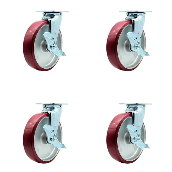 8 Inch Poly on Aluminum Caster Set with Ball Bearings 4 Brake 2 Swivel Lock SCC