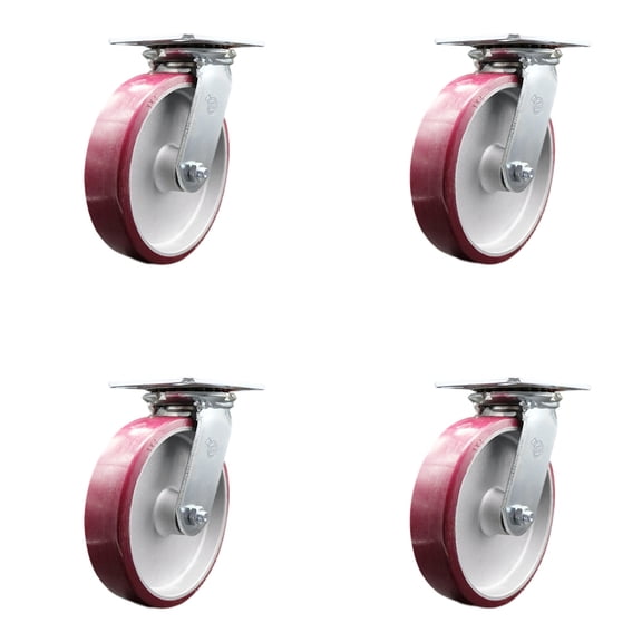 8 Inch Poly on Aluminum Caster Set with Ball Bearings and Swivel Locks SCC