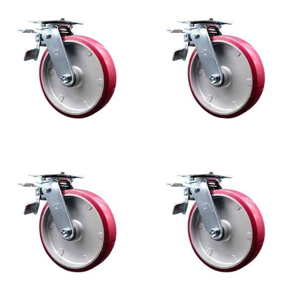 8 Inch Poly on Aluminum Caster Set with Ball Bearings and Total Lock Brakes SCC