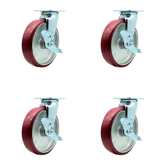 8 Inch Poly on Aluminum Caster Set with Roller Bearing 4 Brake 2 Swivel Lock SCC