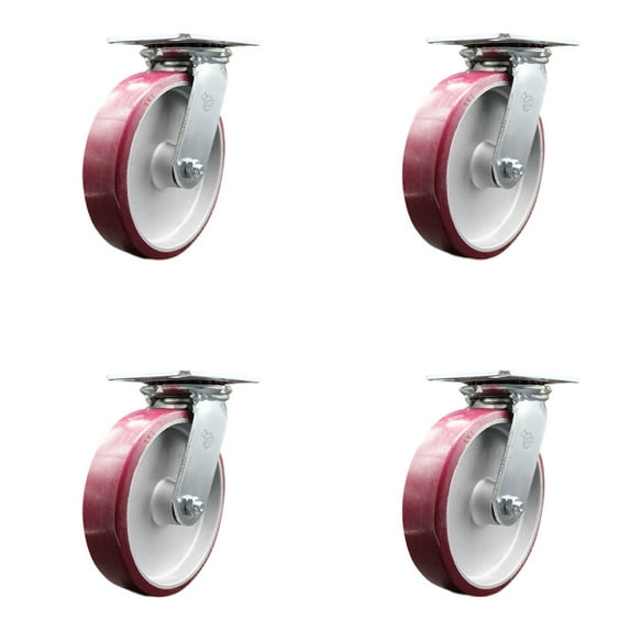 8 Inch Poly on Aluminum Caster Set with Roller Bearings and Swivel Locks SCC