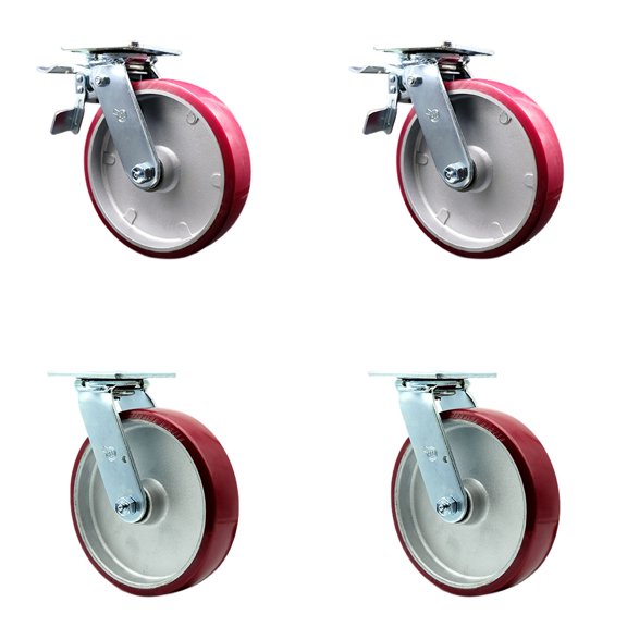 8 Inch Poly on Aluminum Swivel Caster Set with Ball Bearing 2 Total Lock Brake