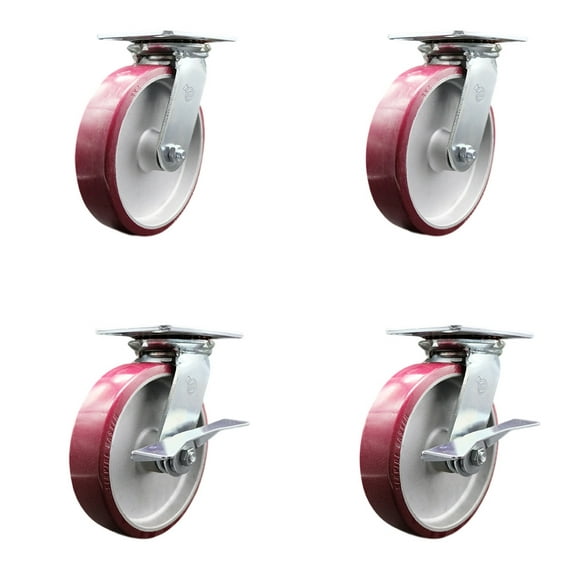 8 Inch Poly on Aluminum Swivel Caster Set with Ball Bearings 2 Brakes SCC