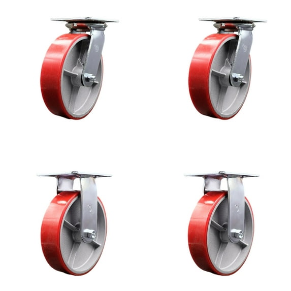 8 Inch Poly on Cast Iron Caster Set with Ball Bearing 2 Swivel Lock 2 Rigid SCC