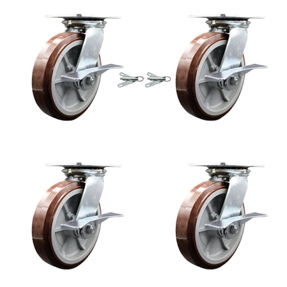 8 Inch Polyurethane Caster Set with Ball Bearing 4 Brake and 2 Swivel Lock SCC