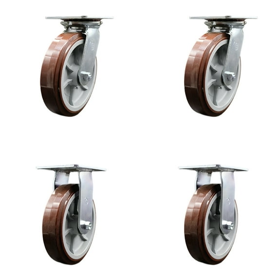 8 Inch Polyurethane Caster Set with Ball Bearings 2 Swivel 2 Rigid SCC