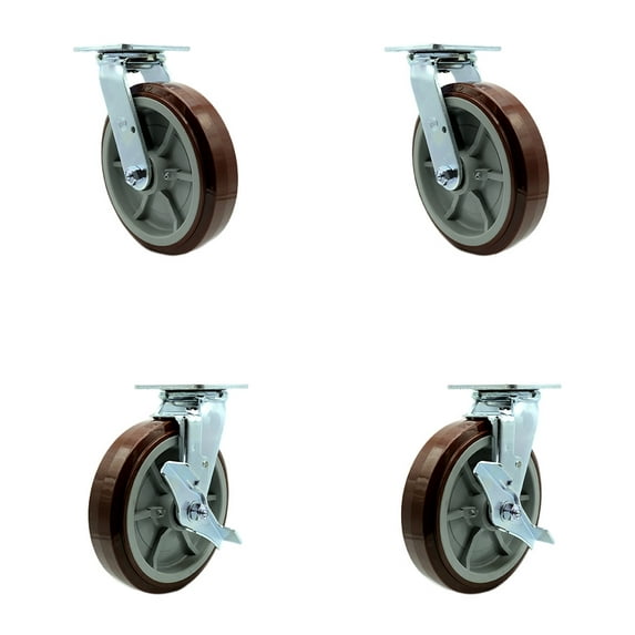 8 Inch Polyurethane Swivel Caster Set with Ball Bearings 2 Brakes Service Caster