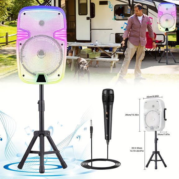 8 Inch Portable Wireless PA Speaker with Stand, Heavy Bass Subwoofer, TWS LED DJ Lights, Microphone Tripod Included, Rechargeable Karaoke System for RV Truck Car Outdoor Party