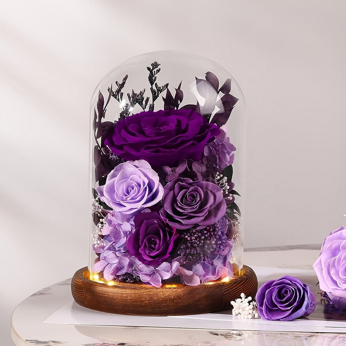 8-Inch Preserved Flowers in Glass Dome - LED Lighted Gift for Her ...