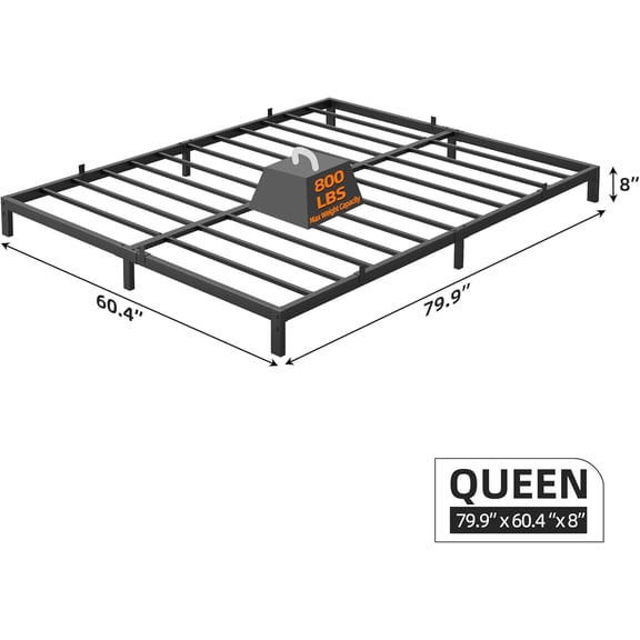 8 Inch Queen Bed Frame, Low  Metal Platform Bed Support Mattress Foundation, Noise Free Easy Assembly Black