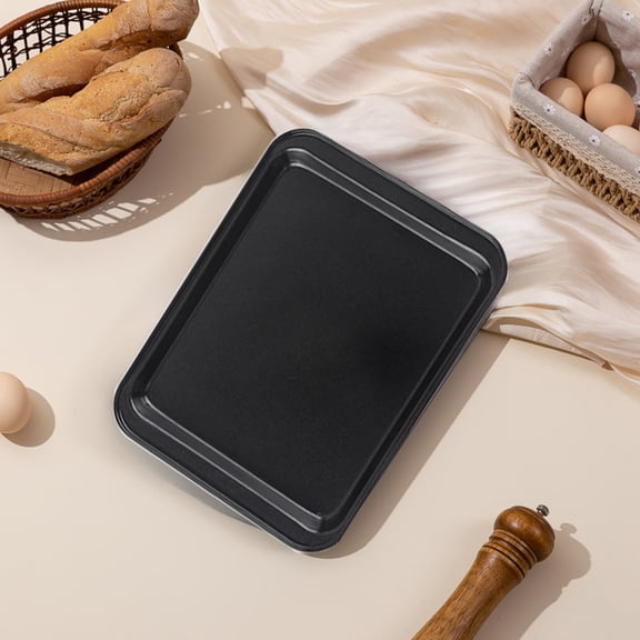 8 Inch Rectangular Baking Tray, Iron, Rounded Corners With Raised Rim For Cake Bread Cookies, Roasting