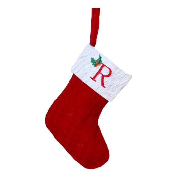 8-Inch Red Monogram Christmas Stocking with Initial Letter A - Cable Knit Design and White Alphabet Decor for Family Fireplace Hanging