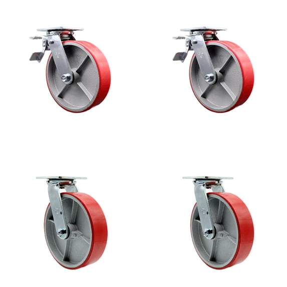 8 Inch Red Poly on Cast Iron Caster Set with Ball Bearing 2 Brakes 2 Swivel Lock