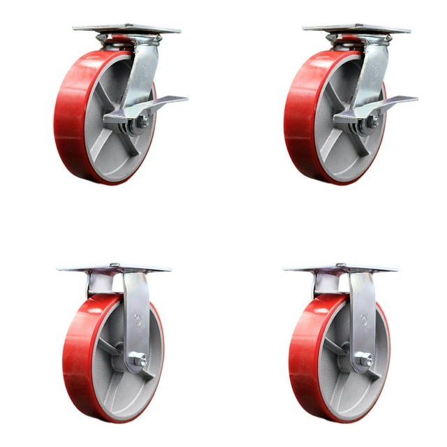 8 Inch Red Poly on Cast Iron Caster Set with Ball Bearing 2 Brakes and 2 Rigid