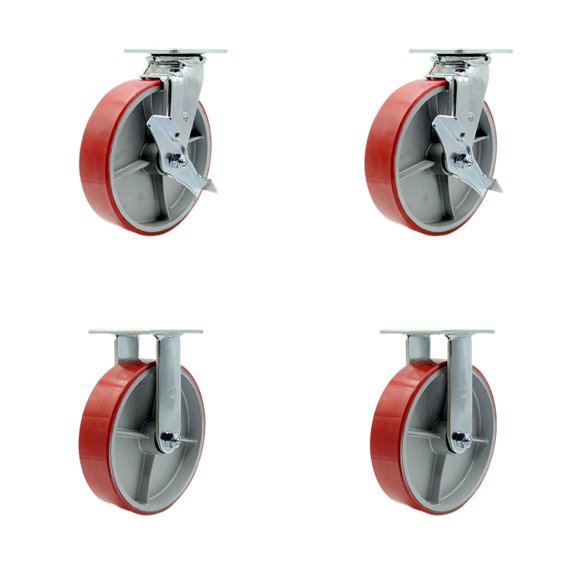 8 Inch Red Poly on Cast Iron Caster Set with Roller Bearings 2 Brakes 2 Rigid