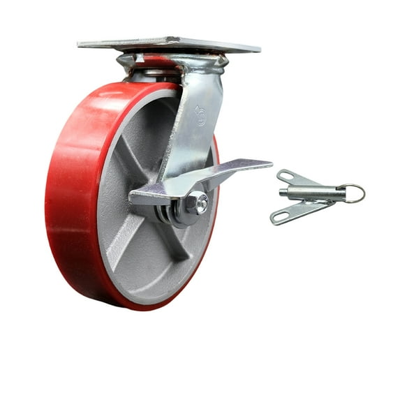 8 Inch Red Poly on Cast Iron Caster with Roller Bearing and Brake/Swivel Lock