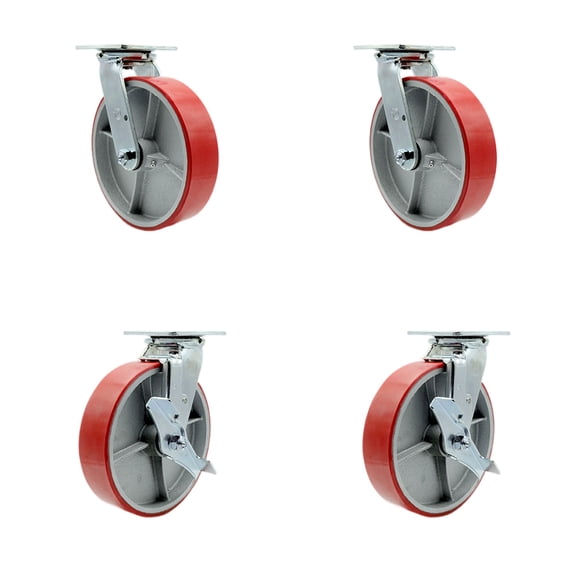 8 Inch Red Poly on Cast Iron Swivel Caster Set with Roller Bearing 2 Brake SCC
