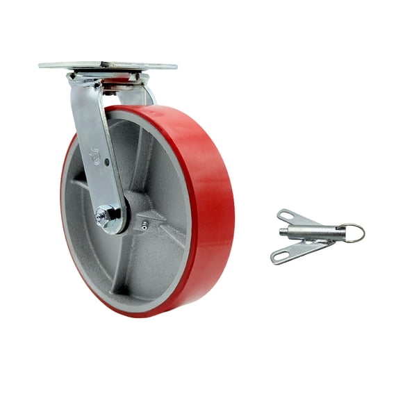 Polyurethane on Cast Iron Swivel Top Plate Caster w/8" x 2" Red Wheel & Bolt on Swivel Lock - 1250 lbs Capacity/Caster - Service Caster Brand