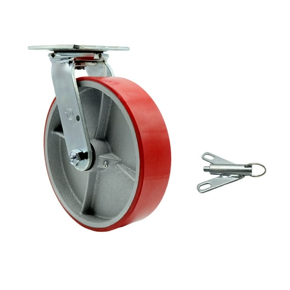 8 Inch Red Poly on Cast Iron Swivel Caster with Roller Bearing and Swivel Lock