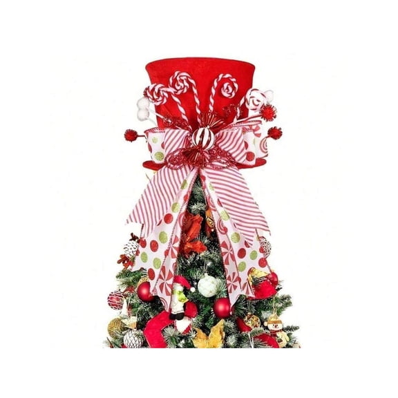 8-Inch Red & White Polka Dot Christmas Tree Topper Hat - Velvet Bow Peppermint Decor For Home Office Holiday