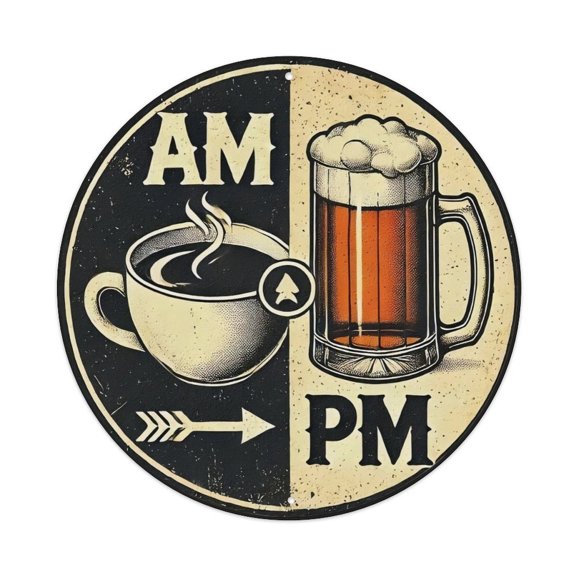 8 Inch Round AM Coffee PM Beer Metal Sign, Retro Coffee and Beer Wall Art Plaque, Rust-Proof Weatherproof Decor for Bar, Kitchen, Man Cave
