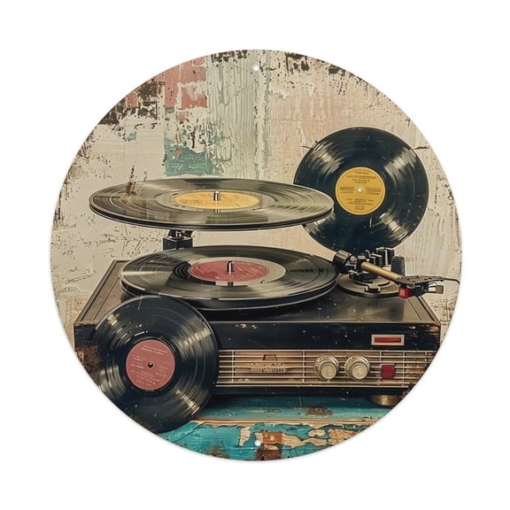 8 Inch Round Antique Turntable Metal Sign, Retro Vinyl Records and Distressed Wall Art Plaque, Rust-Proof Weatherproof Decor for Music Room, Man Cave, Living Room, Home