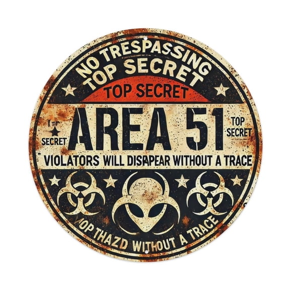 8 Inch Round "Area 51 Top Secret" Metal Sign, Weathered Alien and Biohazard Wall Art Plaque, Rust-Proof Weatherproof Decor for Man Cave, Garage, UFO Enthusiast
