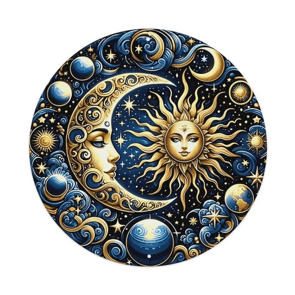 8 Inch Round Blue and Gold Sun Moon Stars Metal Sign, Ornate Celestial Wall Art Plaque, Rust-Proof Weatherproof Decor for Bedroom, Living Room, Meditation Space