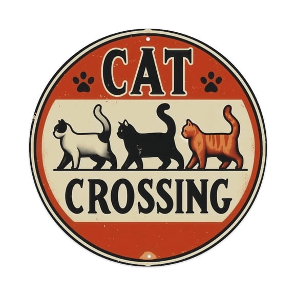 8 Inch Round Cat Crossing Metal Sign, Vintage Three Cats Crossing Warning Wall Art Plaque, Rust-Proof Weatherproof Decor for Home, Yard, Fence