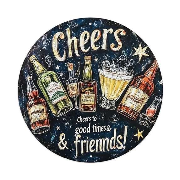 8 Inch Round Cheers Bar Sign Metal Sign, Distressed Liquor Bottles ...